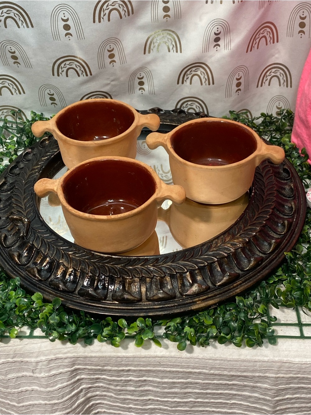 Set of 3 Vintage Terracotta Double-Handled Soup Bowls - Brown Interior